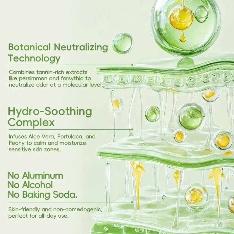 Illustration featuring botanical neutralizing technology and hydro-soothing complex with text describing skincare benefits.